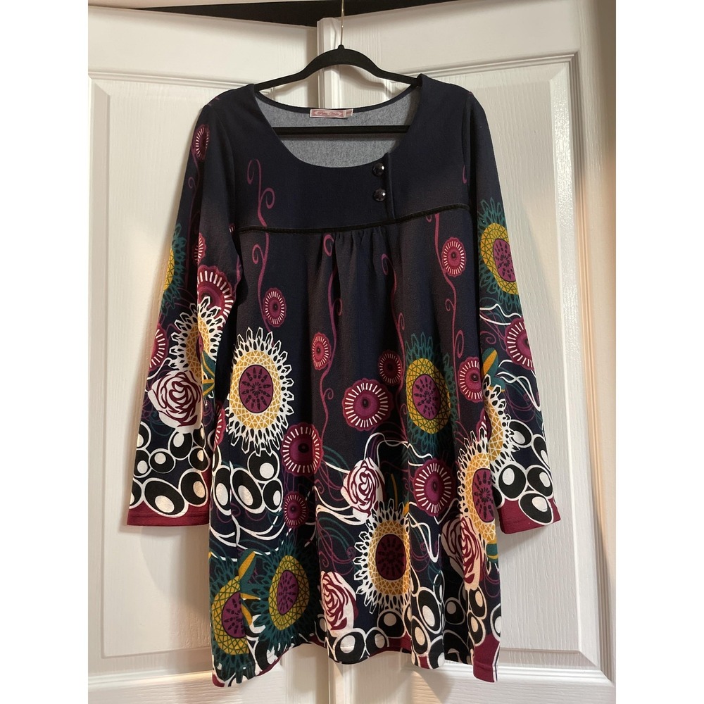 Pura Vida Shirt Womens XL Navy Floral Tunic Long Sleeve Scoop Neck Boho‎ A-Line